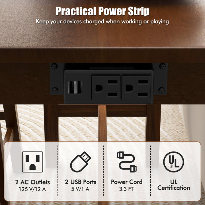Underside power strip on bar table with 2 AC outlets and 2 USB ports