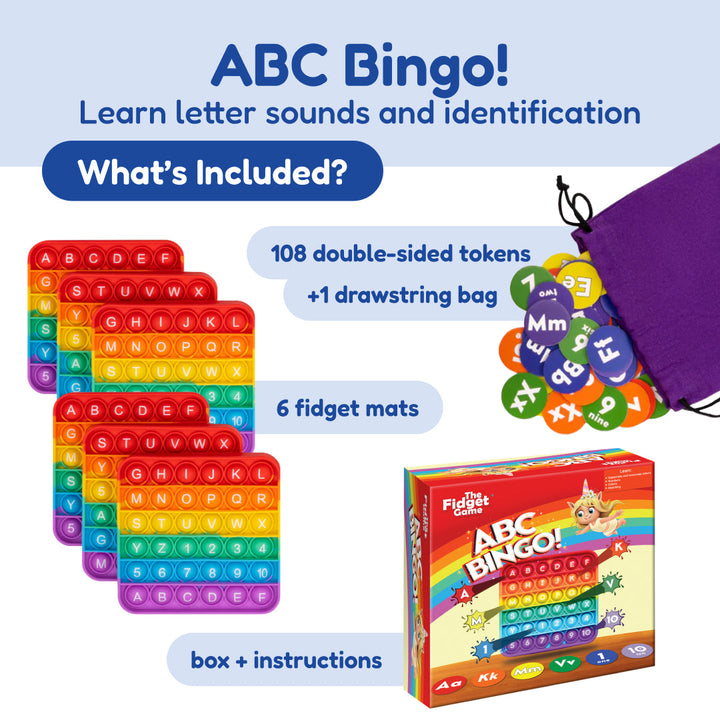 ABC Bingo token game with double-sided tiles, drawstring bag, and instruction box