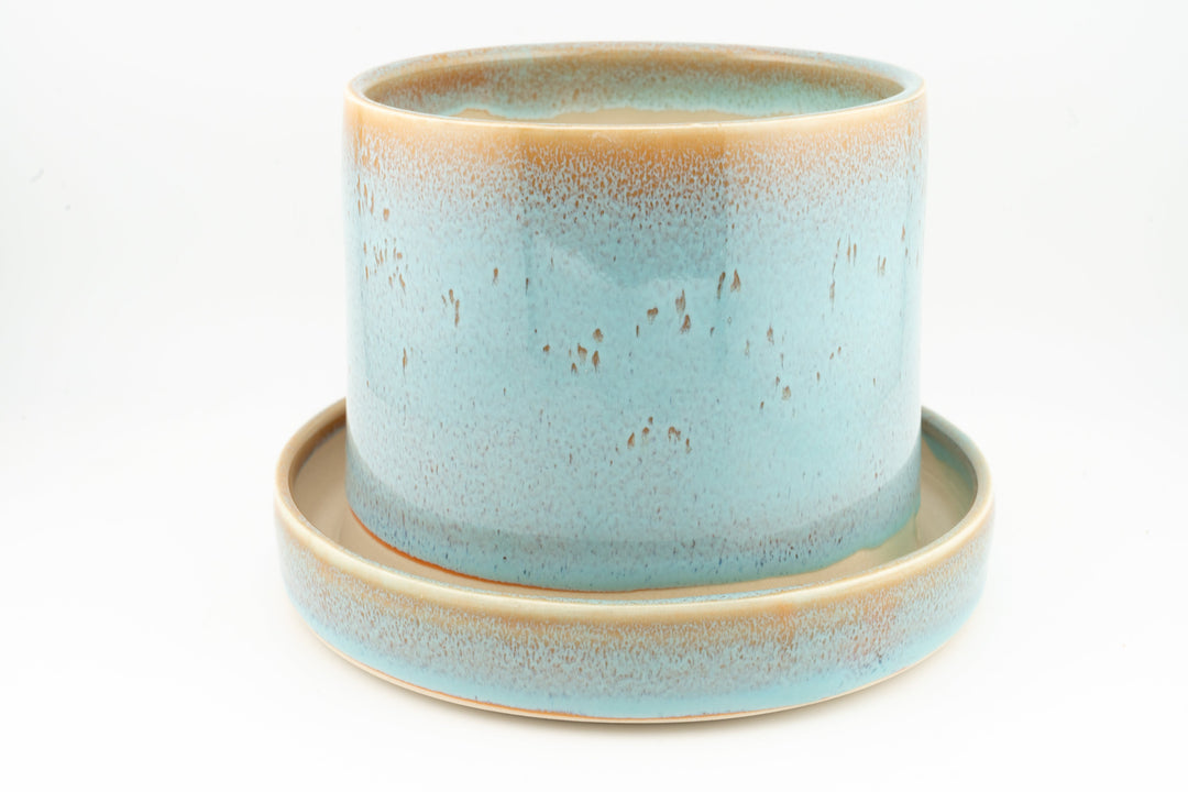 Teal speckled tabletop planter set with drainage base, two stacked pots