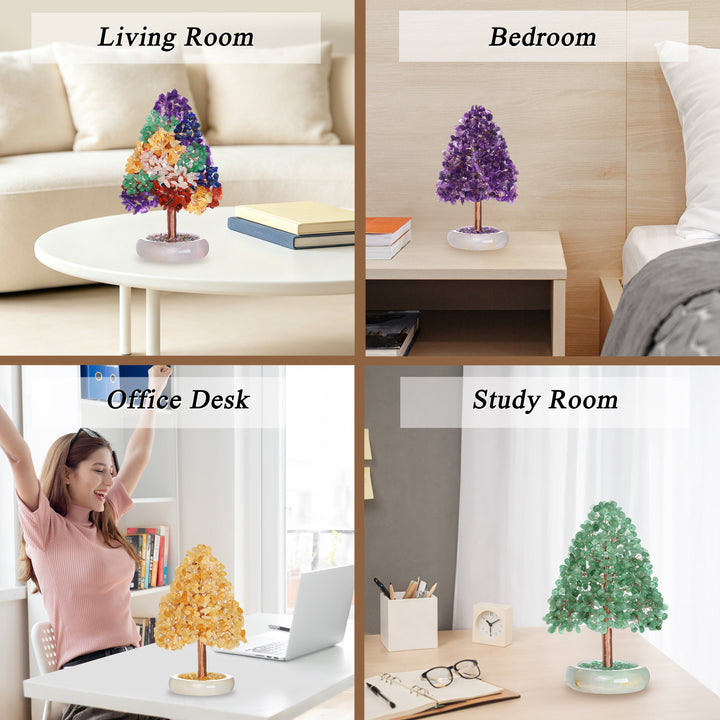 Crystal tree ornaments styled on end tables in living, bedroom, office, and study scenes