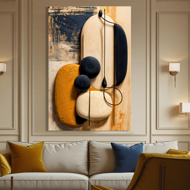 Abstract wall art canvas with cream and orange shapes plus dark blue curved elements
