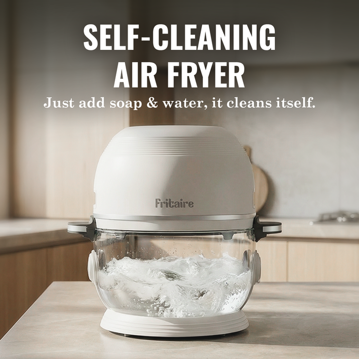 Self-cleaning air fryer with clear glass cooking bowl and exterior control panel