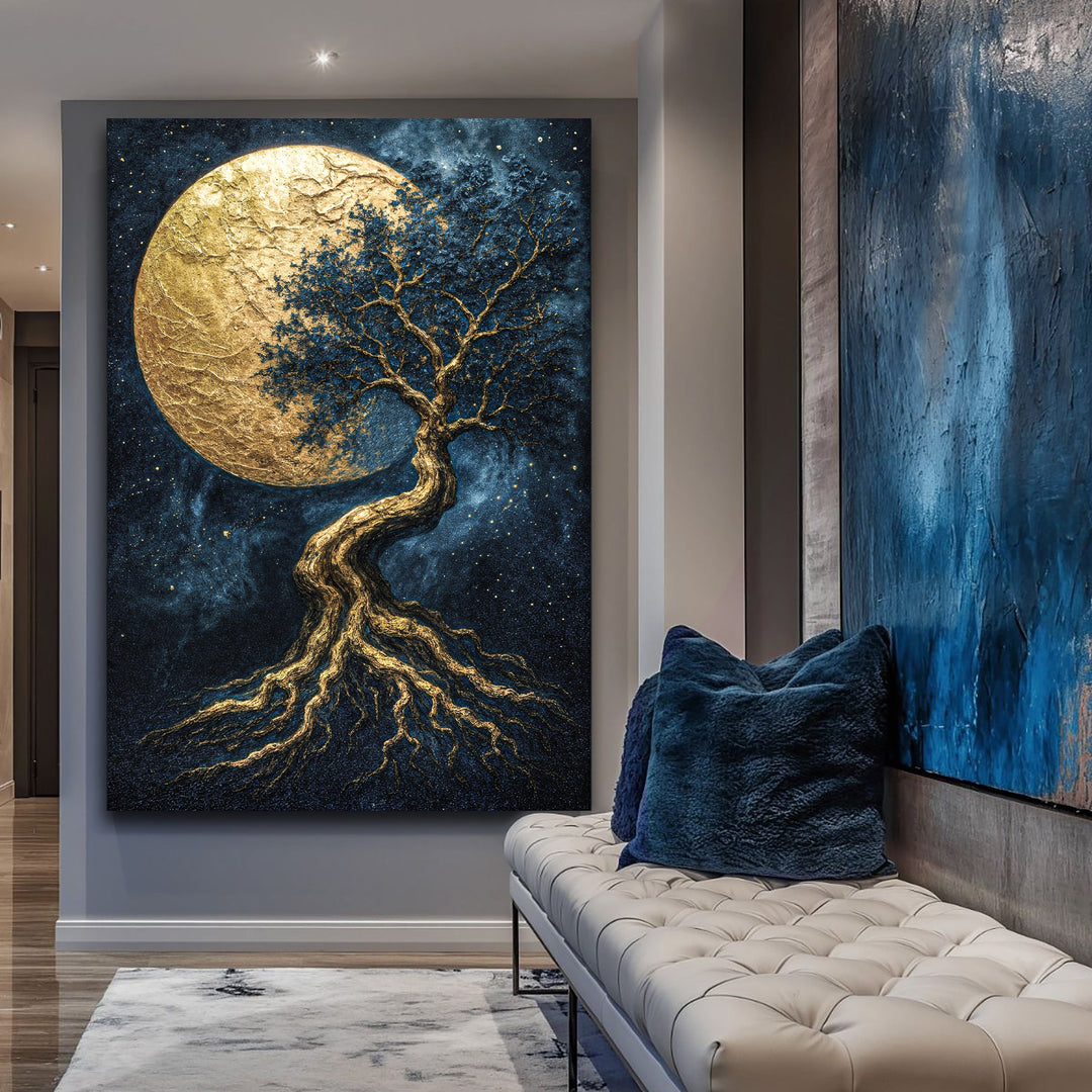 Tree of life wall art with gold moon and deep blue background beside a light sofa