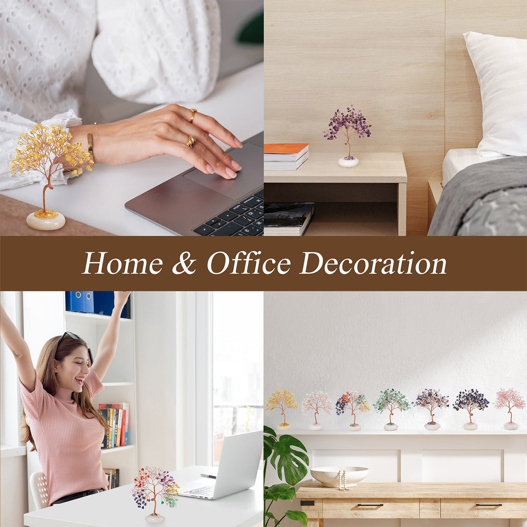 Crystal tree ornaments displayed on home and office surfaces with multicolor branches