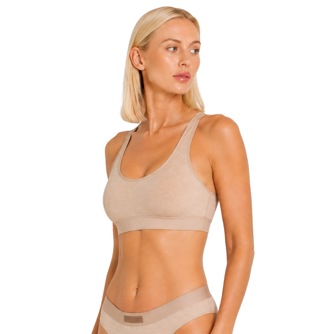 Mocha racerback bralette with matching bikini briefs, standing side view