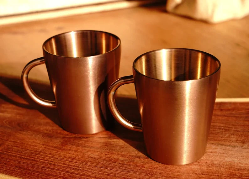 Copper double wall stainless steel mugs pair with curved copper handles