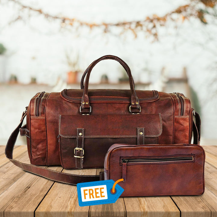 Brown leather weekender duffel bag with matching toiletry pouch, side-by-side