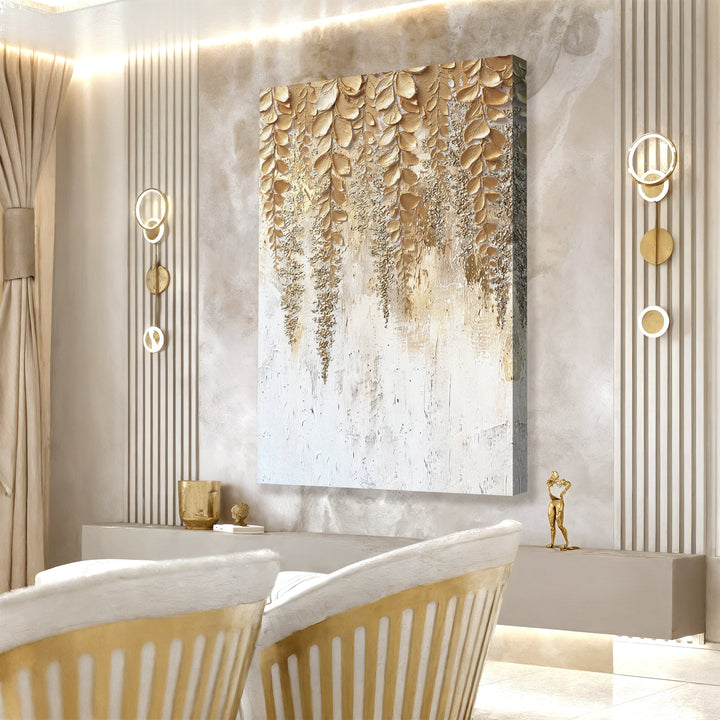 Gold and cream wisteria wall art canvas featuring raised petal detail