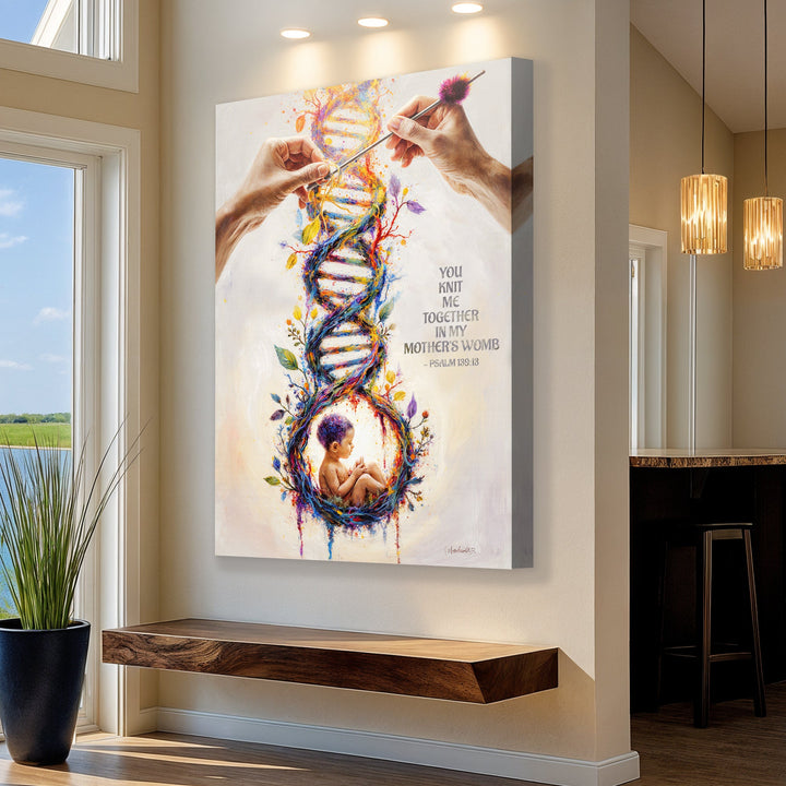 Vertical framed canvas wall art showing colorful DNA heart, baby figure, and hand-painted linework