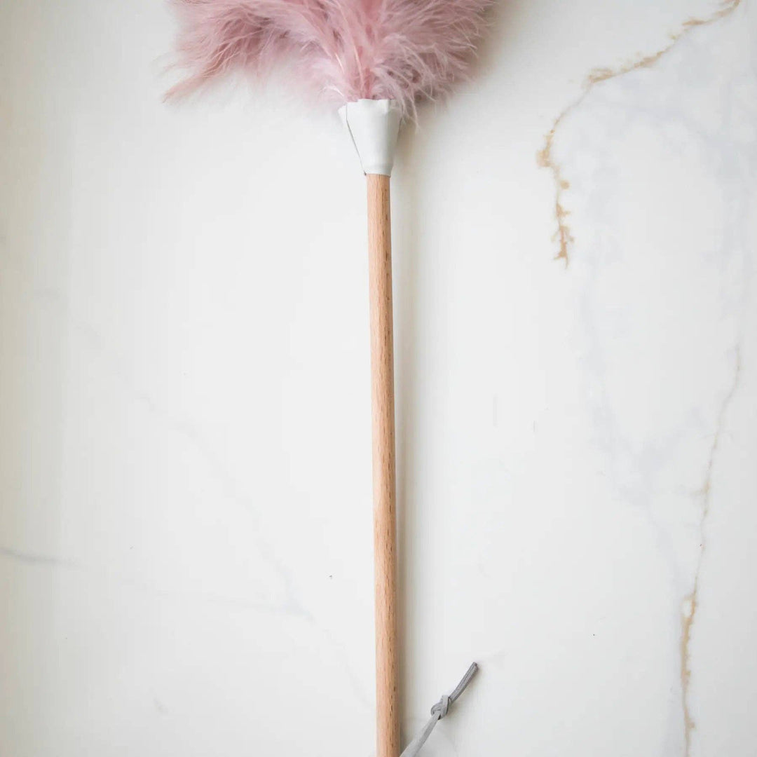 Wooden handle of pink ostrich feather duster with feather head and metal loop end
