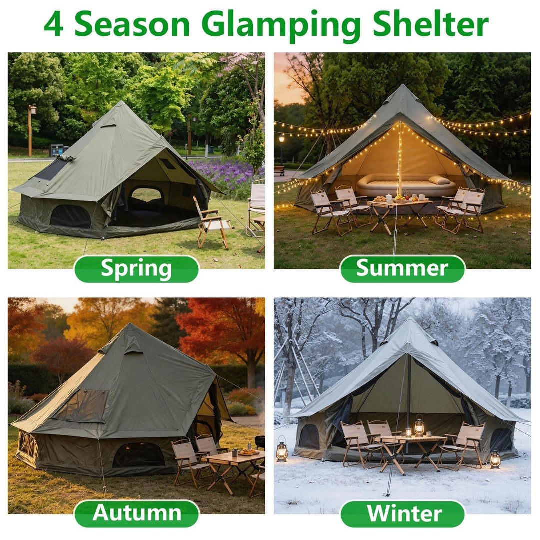 Four-season bell glamping shelter tent shown in spring, summer, autumn, and winter views