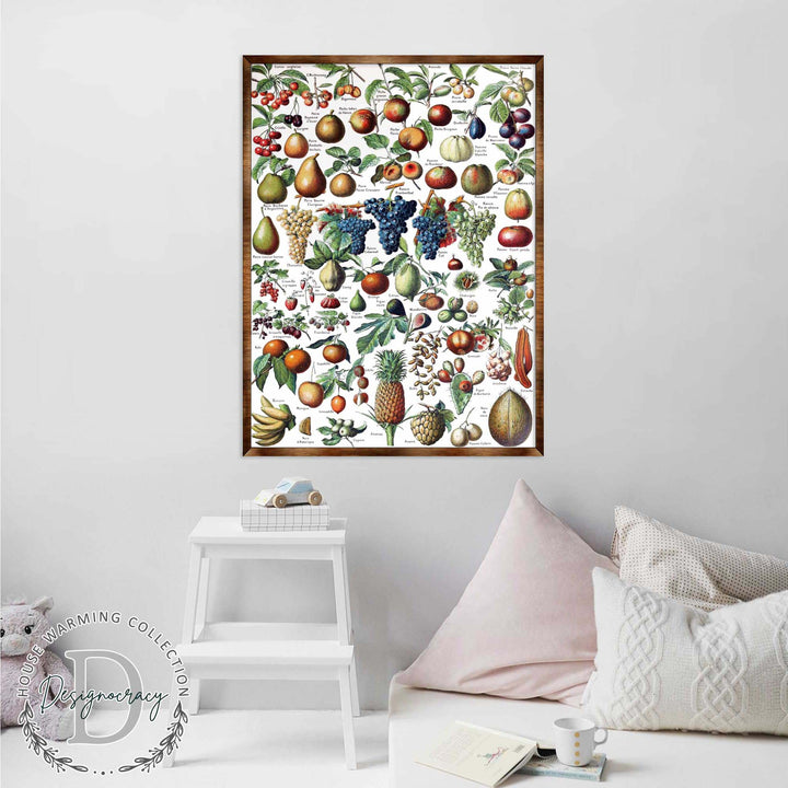 Wood-framed fruit educational poster featuring mixed fruit and leaf illustrations, centered