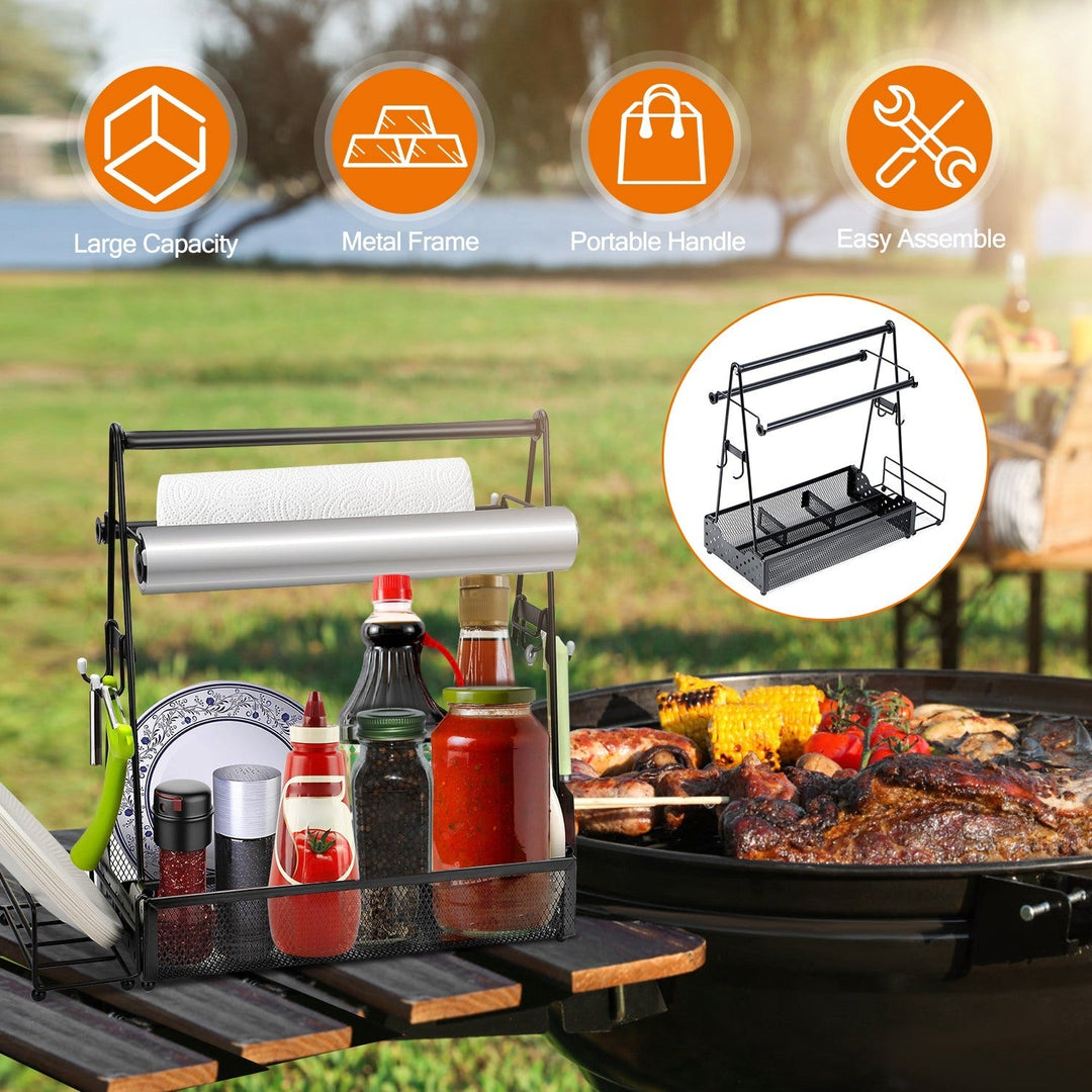 Outdoor metal grill caddy with paper towel roll holder, bottle and spice containers, side hooks