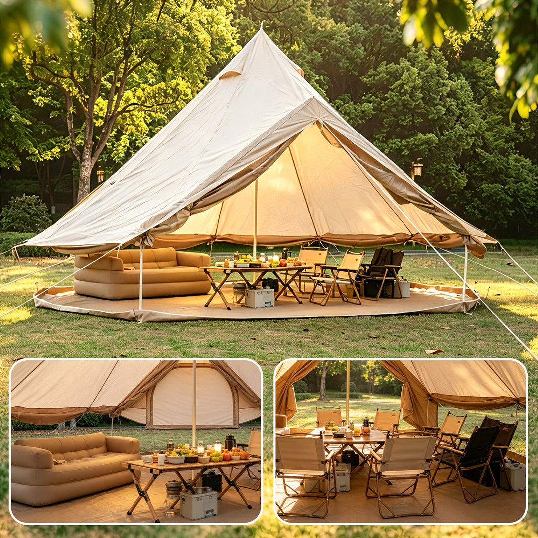 Beige bell tent with peaked window panels and cozy seating area inside
