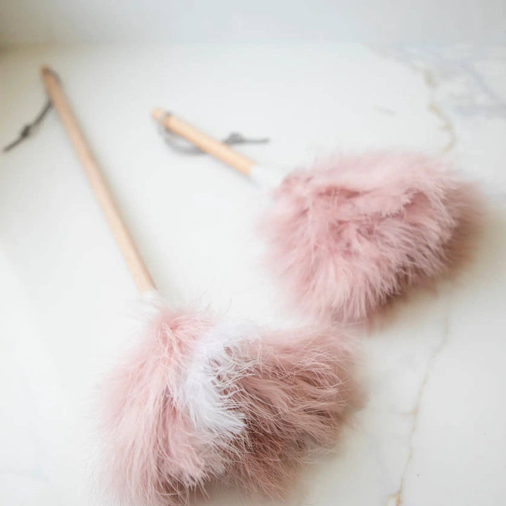 Pink ostrich feather duster with wooden handle, fluffy feather head for dusting