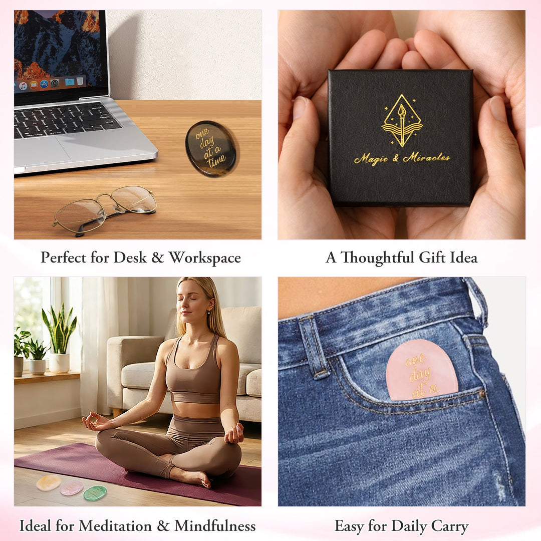 Pocket crystal stone pouch accessories shown with "one day at a time" pocket stone