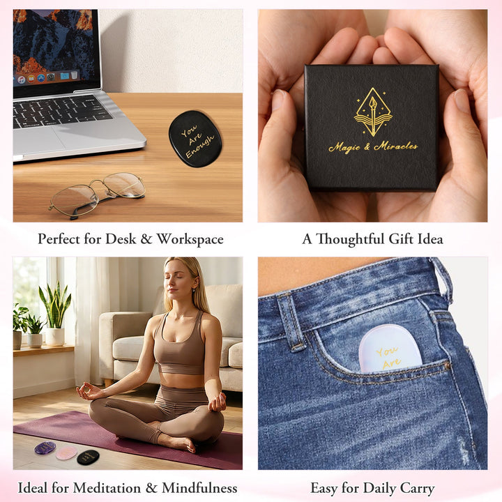 Pocket crystal stone gift layout featuring a black oval "You Are Enough" stone