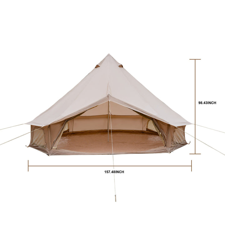 Beige bell camping tent with interior view and size 157.5 x 98.4 in