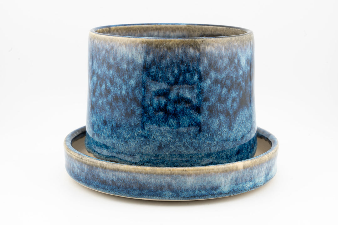 Blue speckled tabletop planter set with drainage base, two stacked pots