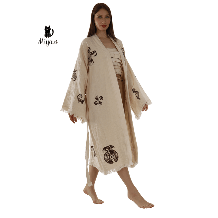 Beige cotton long kimono bathrobe with Aztec motifs and fringed sleeves