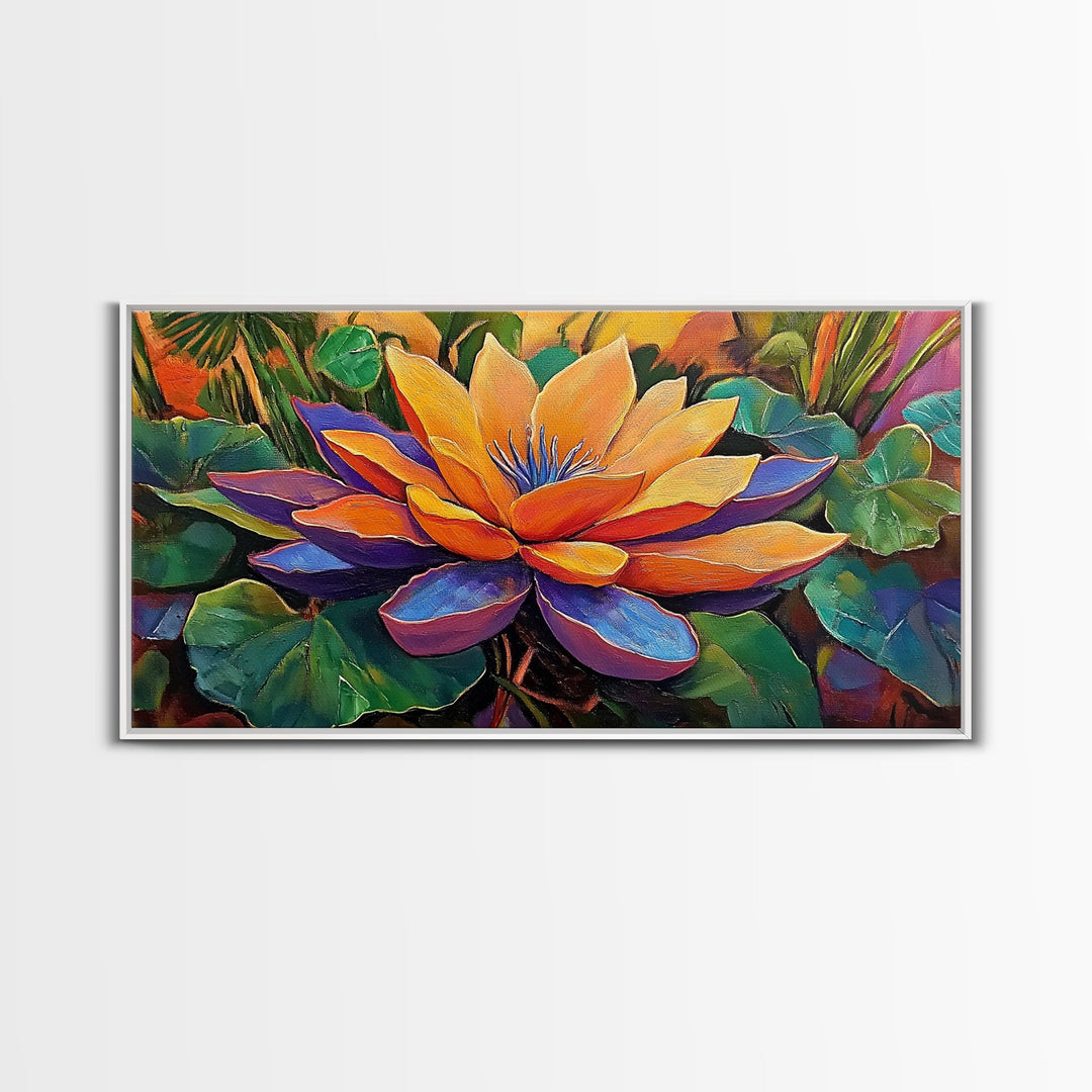 Lotus Bloom, Garden, Art, Framed Canvas Print, Vibrant lotus flower artwork, zen boho decor, meditation room or bathroom wall art