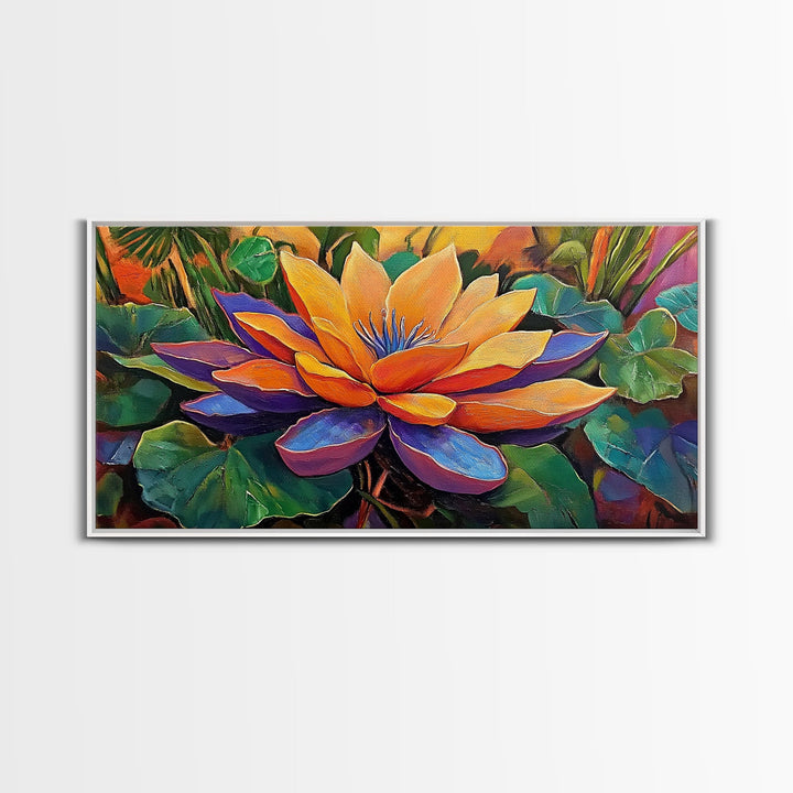 Lotus Bloom, Garden, Art, Framed Canvas Print, Vibrant lotus flower artwork, zen boho decor, meditation room or bathroom wall art