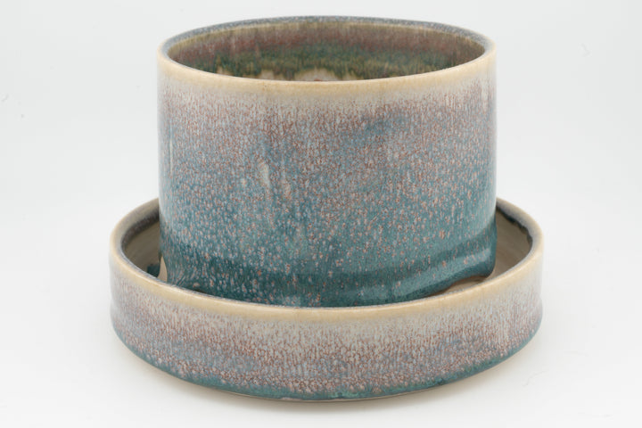 Tabletop planter set with drainage, speckled blue-green glazed pot on matching tray.