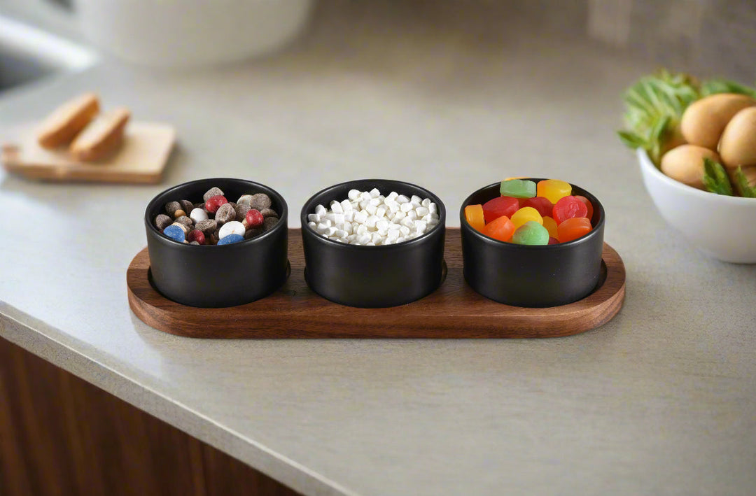 Ceramic Condiment Set on Acacia Wood Base
