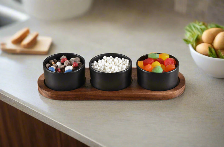 Ceramic Condiment Set on Acacia Wood Base