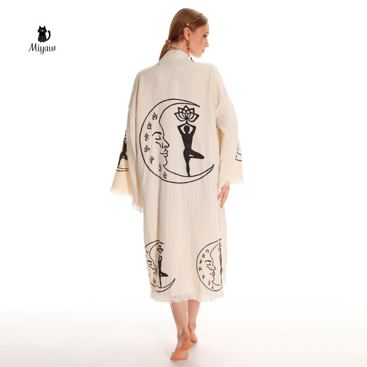 Beige cotton kimono robe back design with black yoga-girl and moon line-art