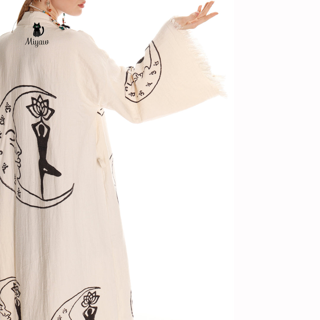 Beige cotton kimono robe sleeve and back print with black moon-and-yoga line art