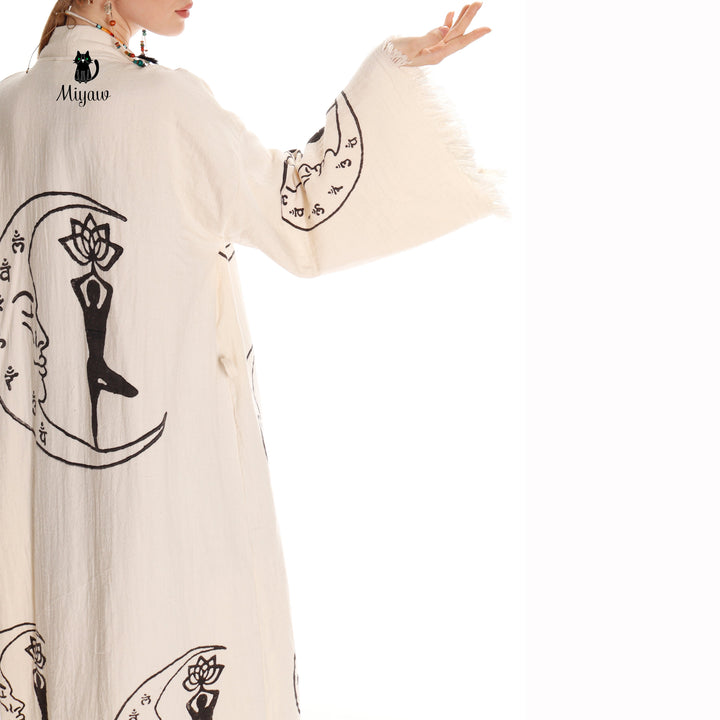 Beige cotton kimono robe sleeve and back print with black moon-and-yoga line art
