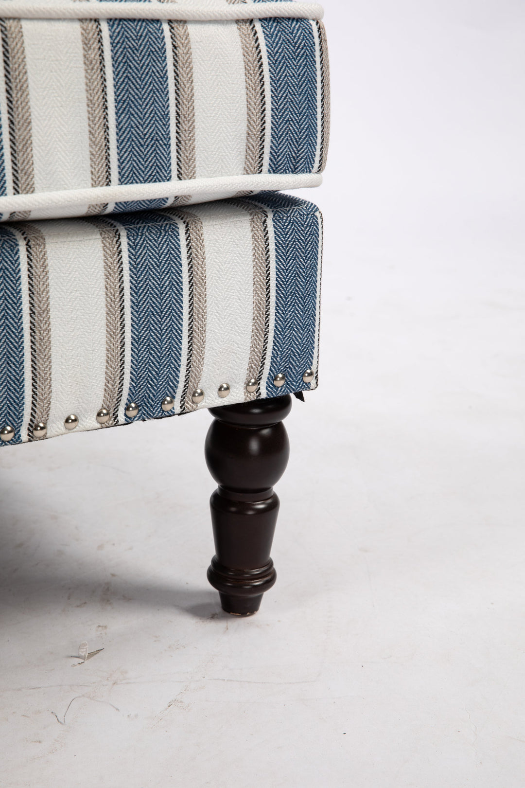 Accent Chair Vintage Striped Linen Blue White Nailhead Solid Wood Legs