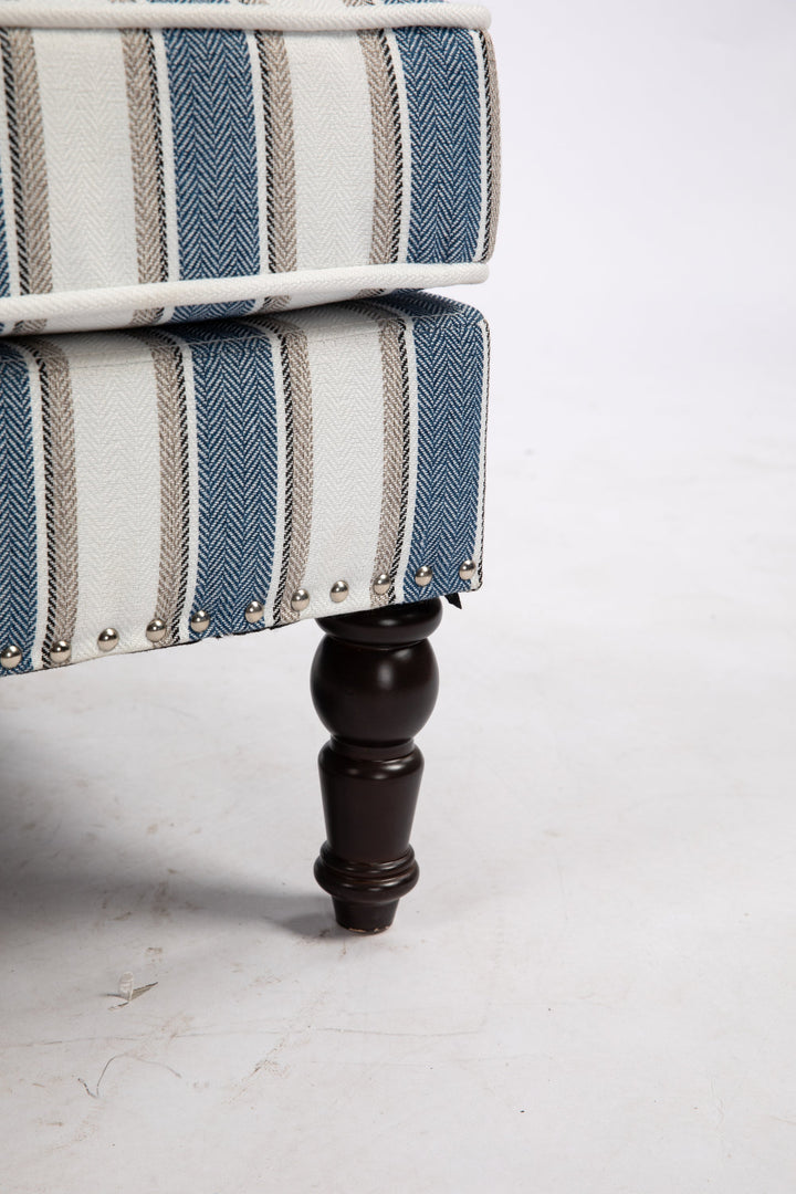 Accent Chair Vintage Striped Linen Blue White Nailhead Solid Wood Legs