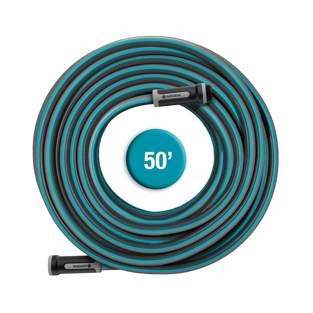 Coiled garden hose with blue/teal striped jacket and spray nozzle, 50 ft length