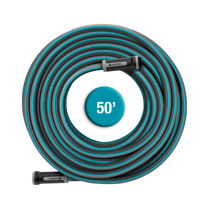 Coiled garden hose with blue/teal striped jacket and spray nozzle, 50 ft length
