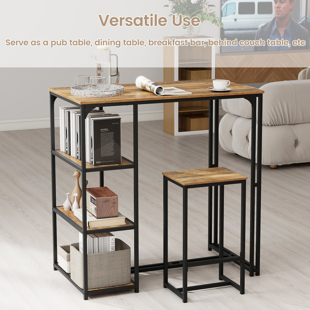 Bar-height table with storage shelves and two stools; rustic brown wood and black metal
