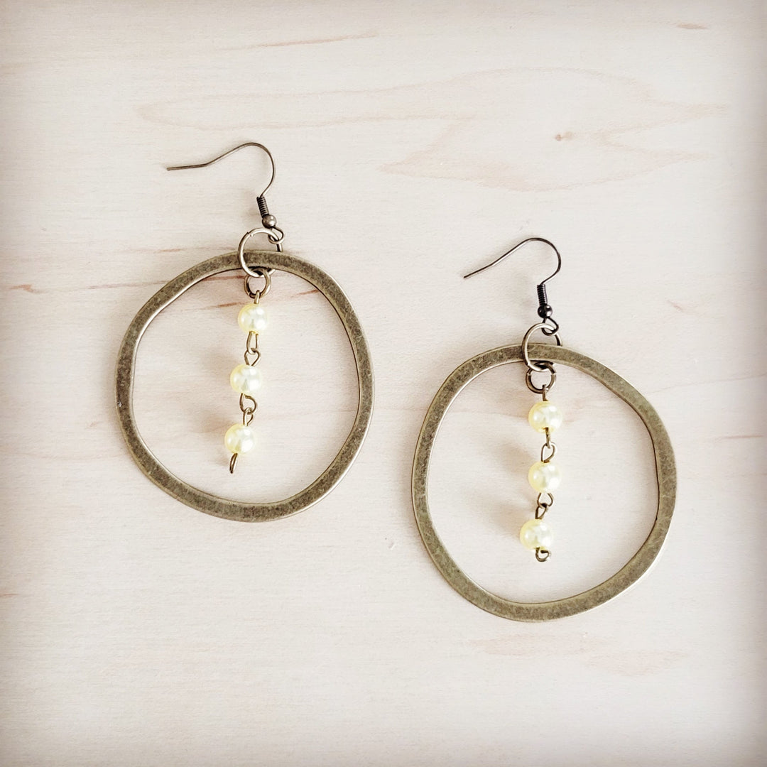 Copper hoop earrings with champagne pearl beads and dangling pearl charms