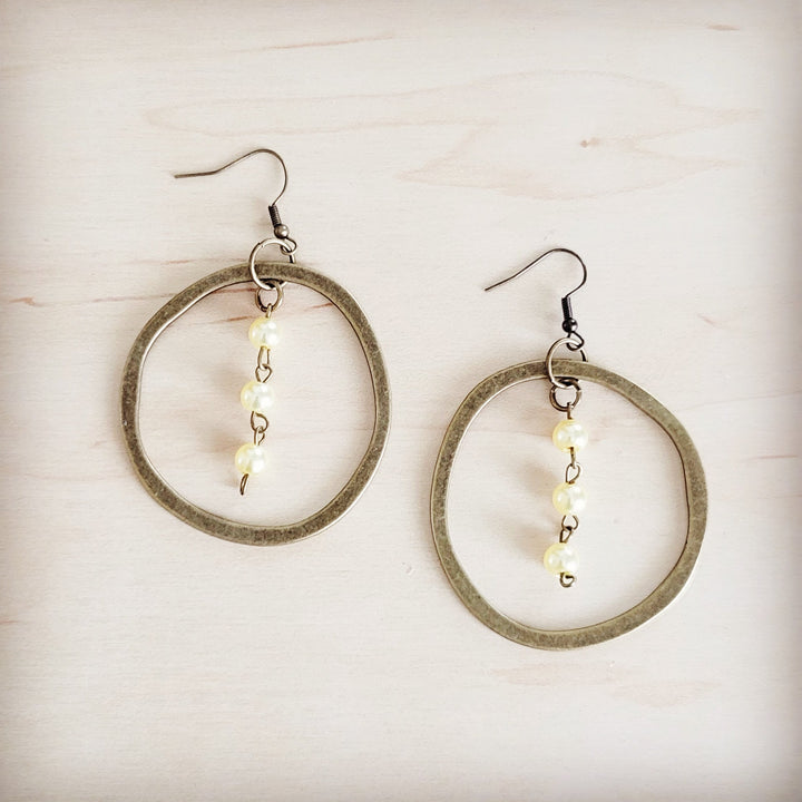 Copper hoop earrings with champagne pearl beads and dangling pearl charms