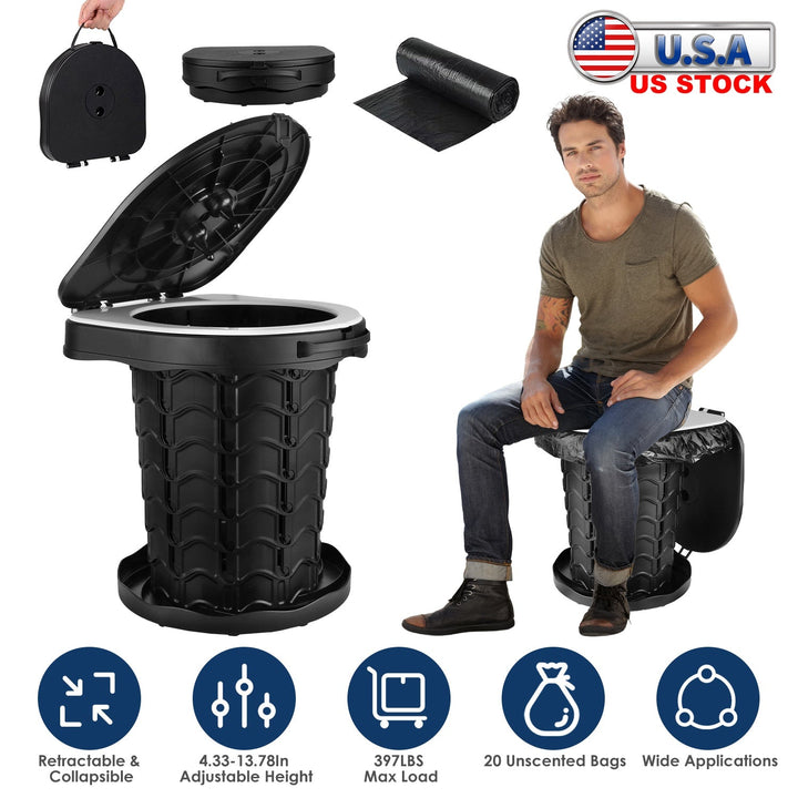 Collapsible portable potty with black lid, open top and molded seat, for adults
