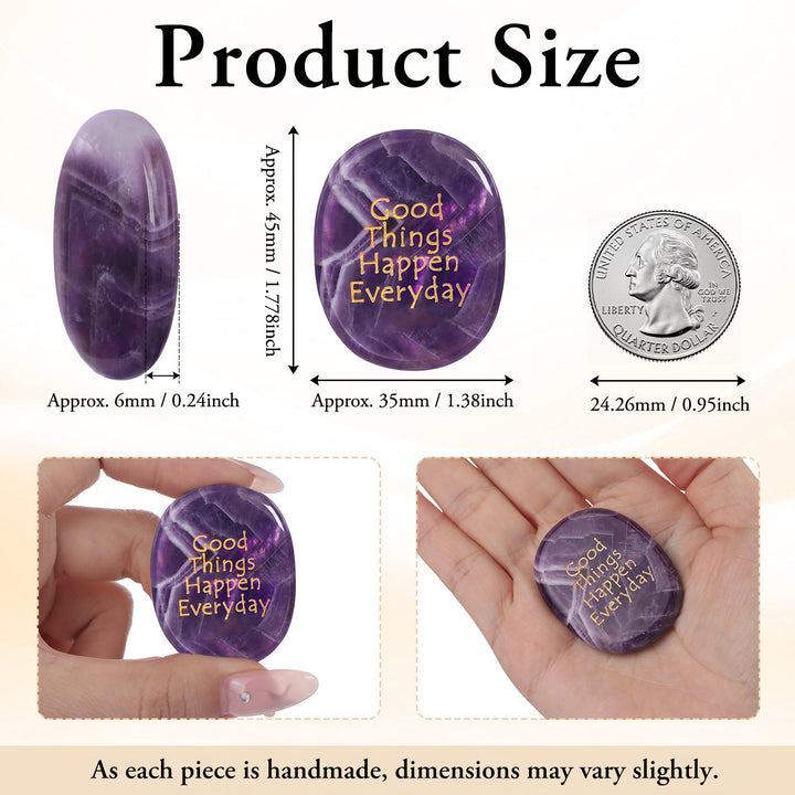 Purple oval pocket crystal stone, with size info and “Good Things Happen Everyday”
