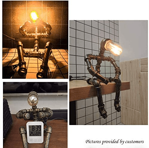 Customer photo collage: steampunk pipe table lamp with glowing Edison bulb on wall shelf