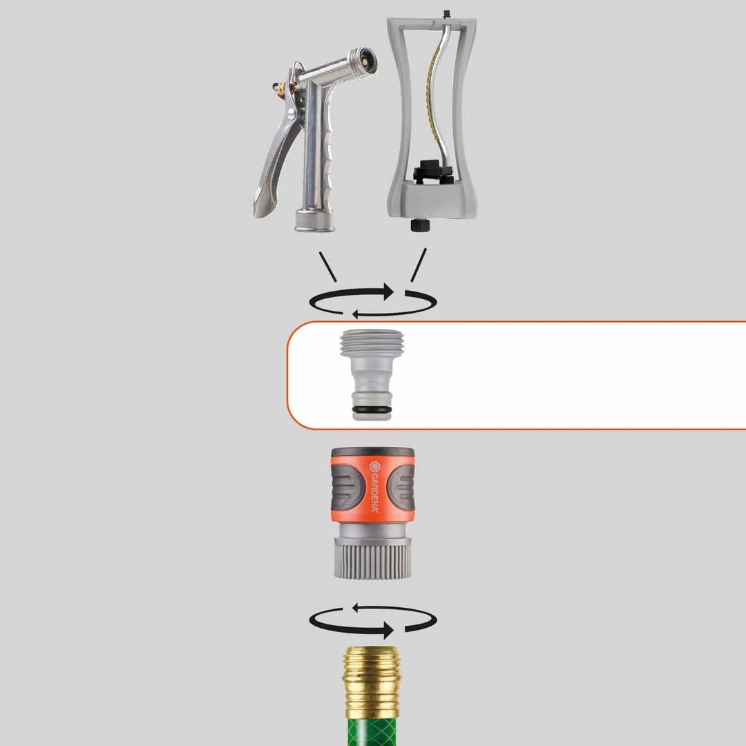 Garden hose accessory adapter with male threaded ends, brass and silver connector