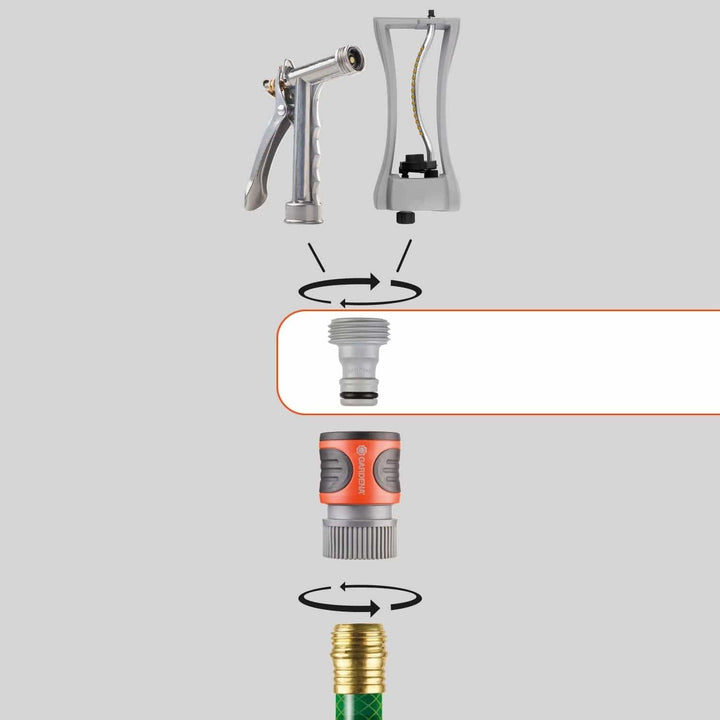 Garden hose accessory adapter with male threaded ends, brass and silver connector