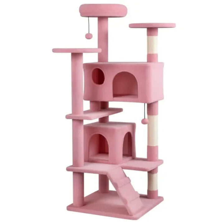 Pink cat tree tower with stacked condos, perches, and wide ramp