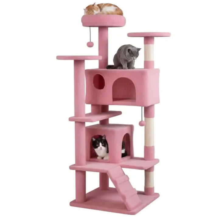 Pink cat tree tower with three condos, top perch, and side staircase