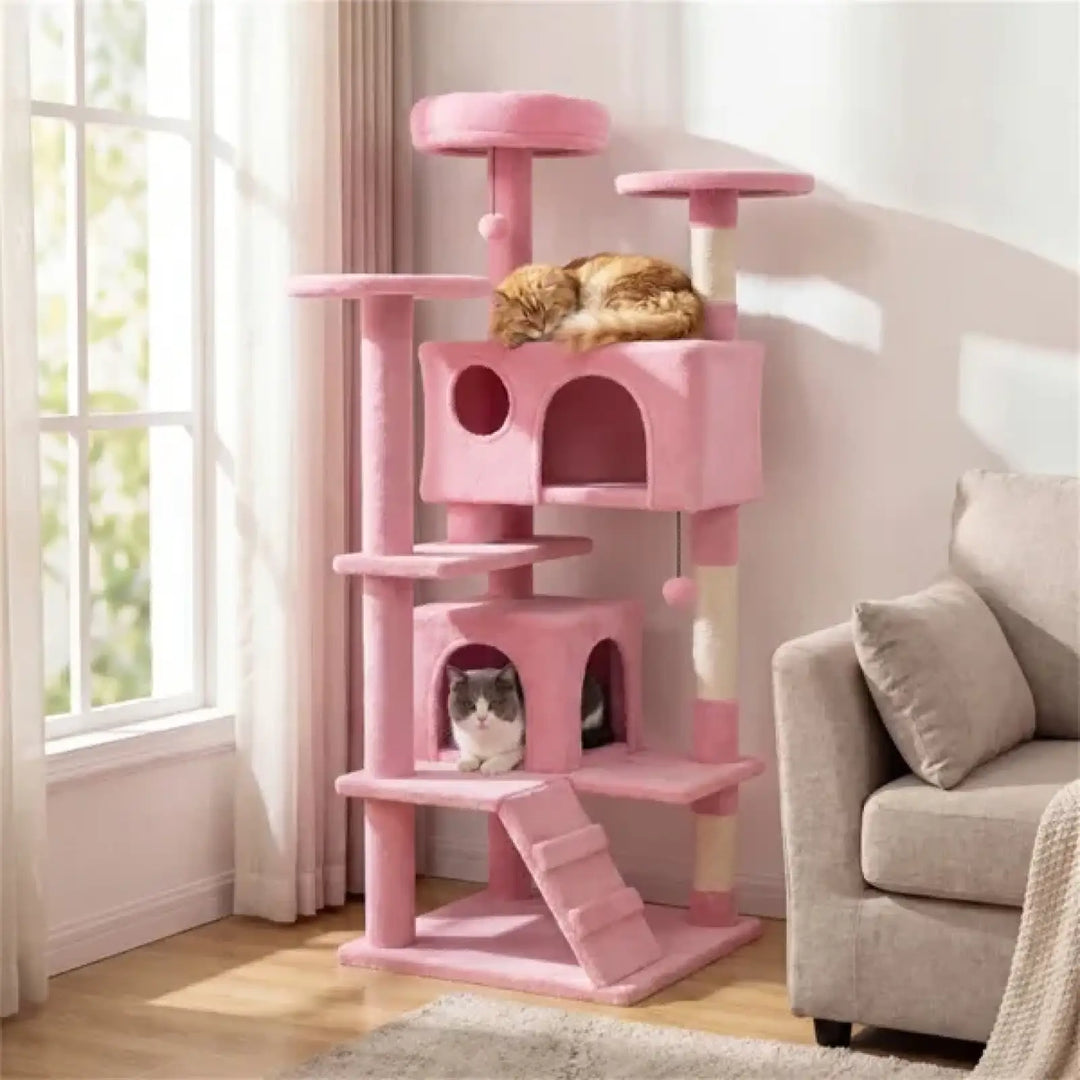 Pink cat tree tower with condos, top cushion perch, and angled ramp