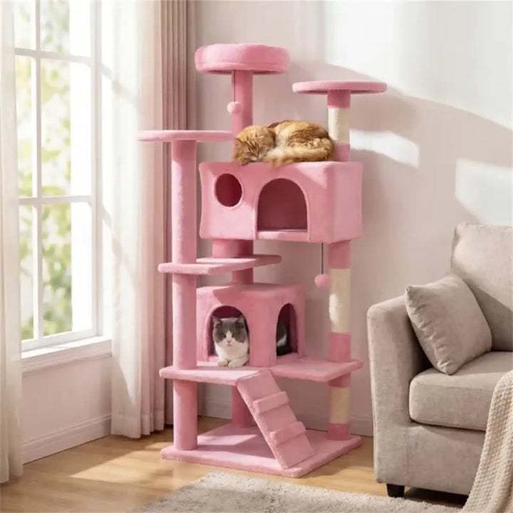 Pink cat tree tower with condos, top cushion perch, and angled ramp