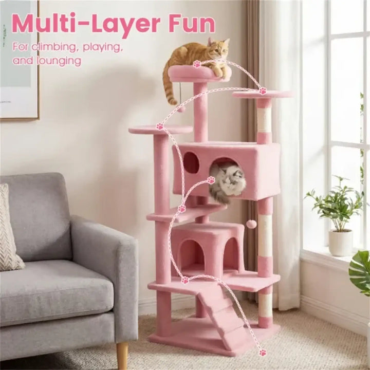 Pink multi-level cat tree tower with condos, platform perches, and hanging toy rope