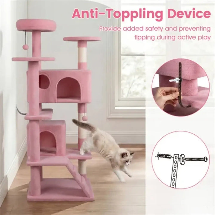Pink cat tree tower with anti-tipping device and stacked condos